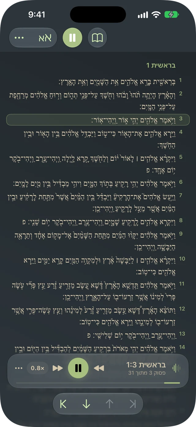 Tanakh Time קורא קטע בקול עם הדגשת פסוקים ובקרת השמע