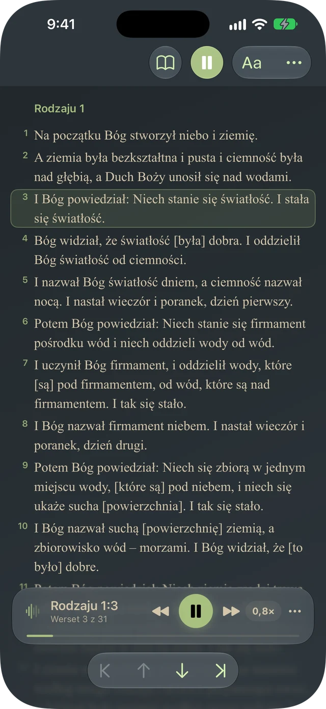 Tanakh Time czyta fragment na głos z podświetlaniem wersetów i kontrolkami odtwarzania