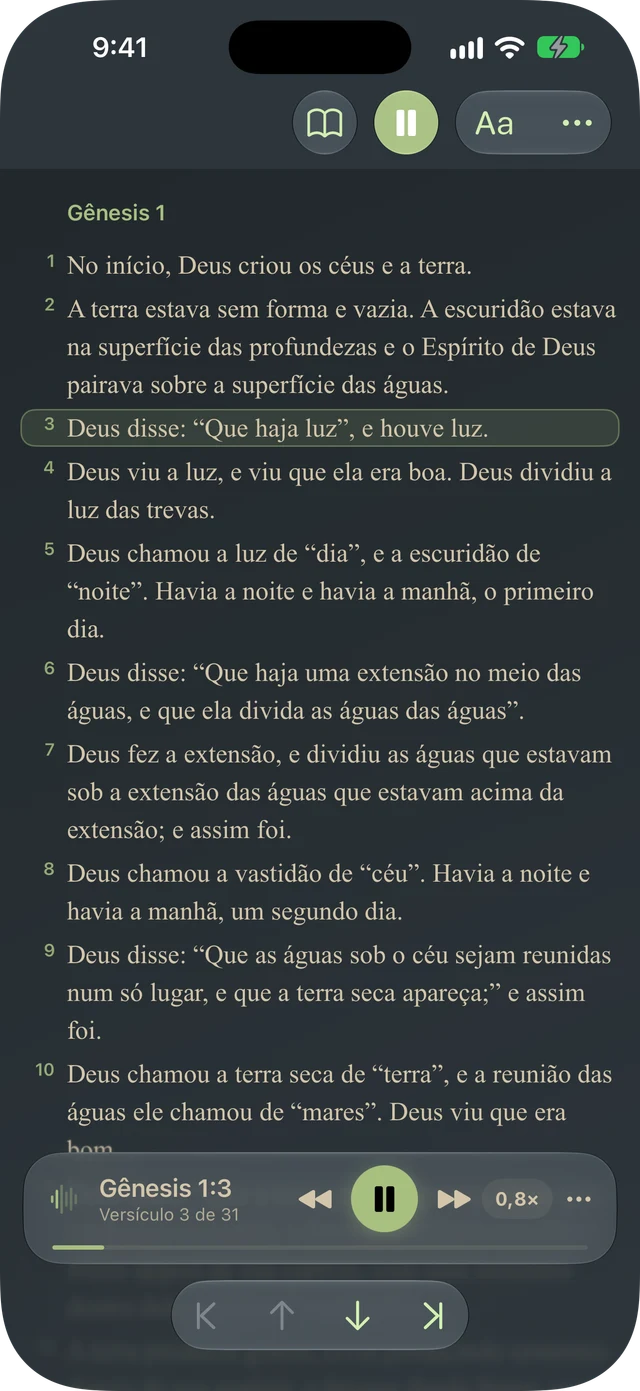 Tanakh Time a ler uma passagem em voz alta com realce de versículos e controlos de reprodução