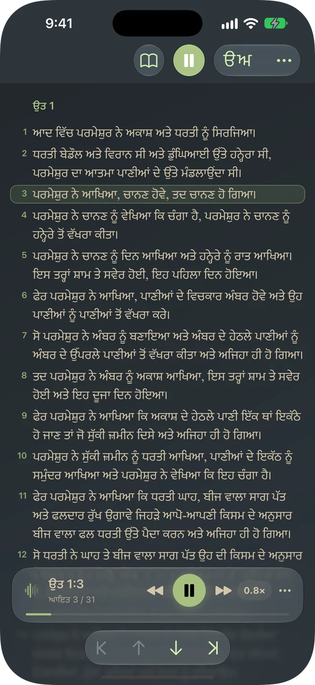 Tanakh Time ਵਰਸ ਹਾਈਲਾਈਟਿੰਗ ਅਤੇ ਪਲੇਬੈਕ ਕੰਟਰੋਲ ਦੇ ਨਾਲ ਇੱਕ ਪੈਸੇਜ ਉੱਚੀ ਪੜ੍ਹ ਰਿਹਾ ਹੈ
