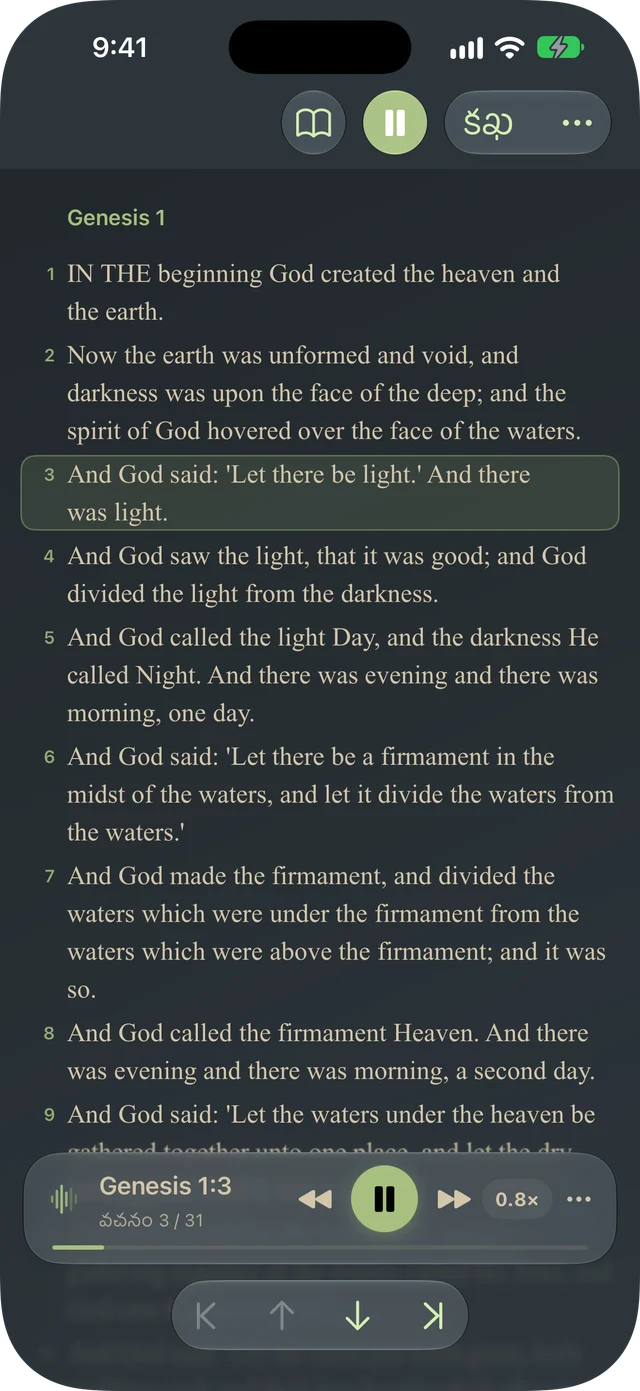Tanakh Time వచన హైలైటింగ్ మరియు ప్లేబ్యాక్ నియంత్రణలతో ఒక భాగాన్ని వాయిస్ ఓవర్గా చదువుతోంది