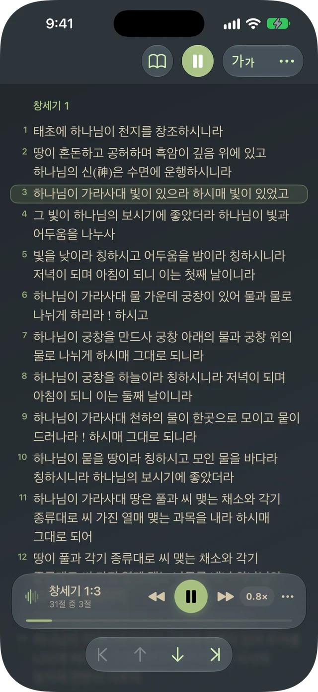 Tanakh Time이 구절 강조 및 재생 컨트롤과 함께 구절을 낭독하는 모습