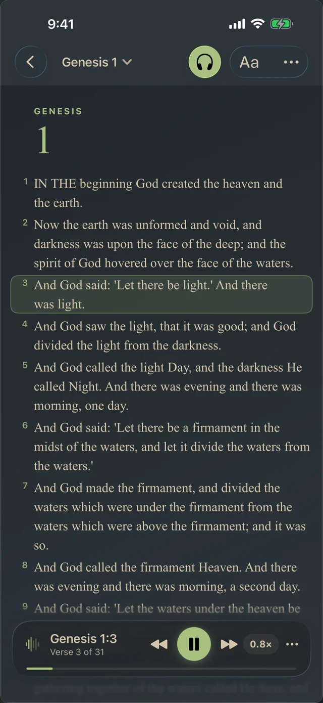 Tanakh Time reading a passage aloud with verse highlighting and playback controls