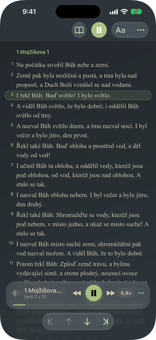 Tanakh Time čte pasáž nahlas s vyznačením veršů a ovládacími prvky přehrávání