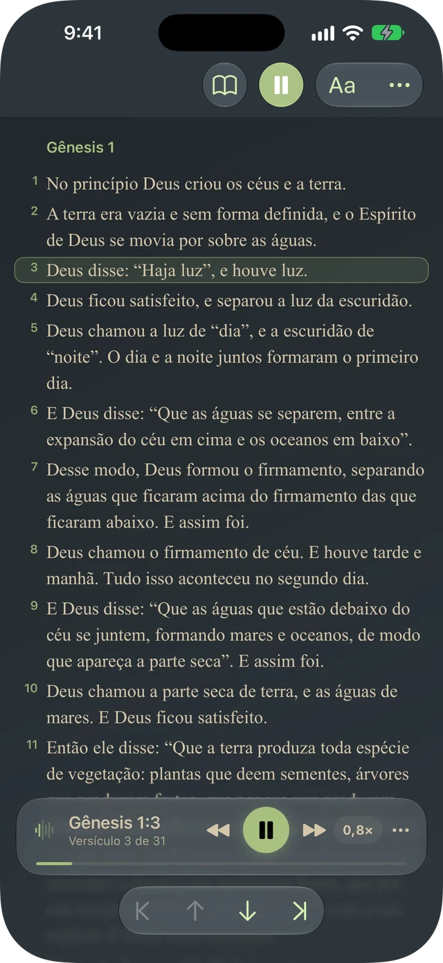 Tanakh Time lendo uma passagem em voz alta com destaque de versículos e controles de reprodução