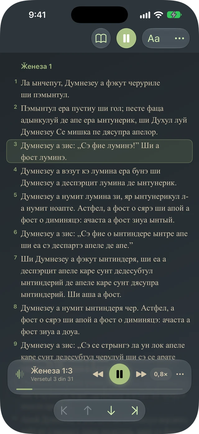 Tanakh Time citind un pasaj cu voce tare, cu evidențierea versetelor și controale de redare