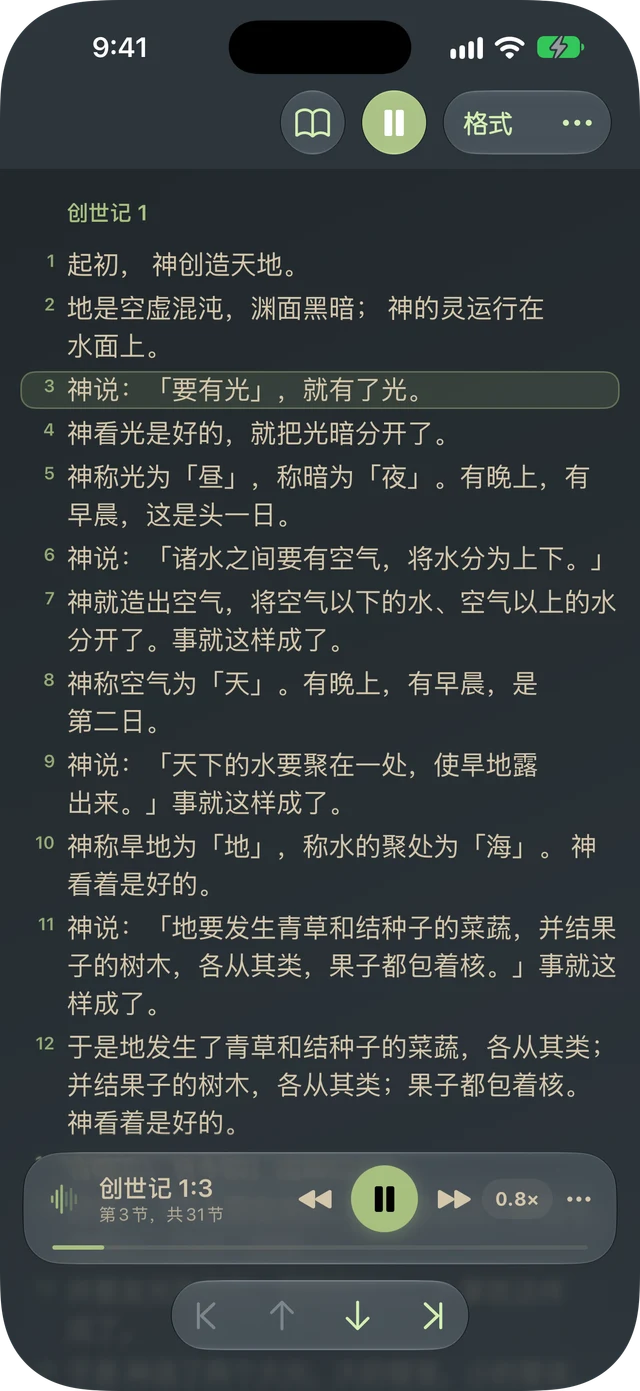 Tanakh Time 正在朗读段落,带有经文高亮和播放控件