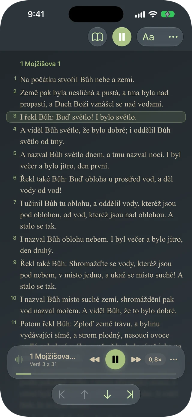 Tanakh Time číta úryvok nahlas so zvýrazňovaním veršov a ovládacími prvkami prehrávania