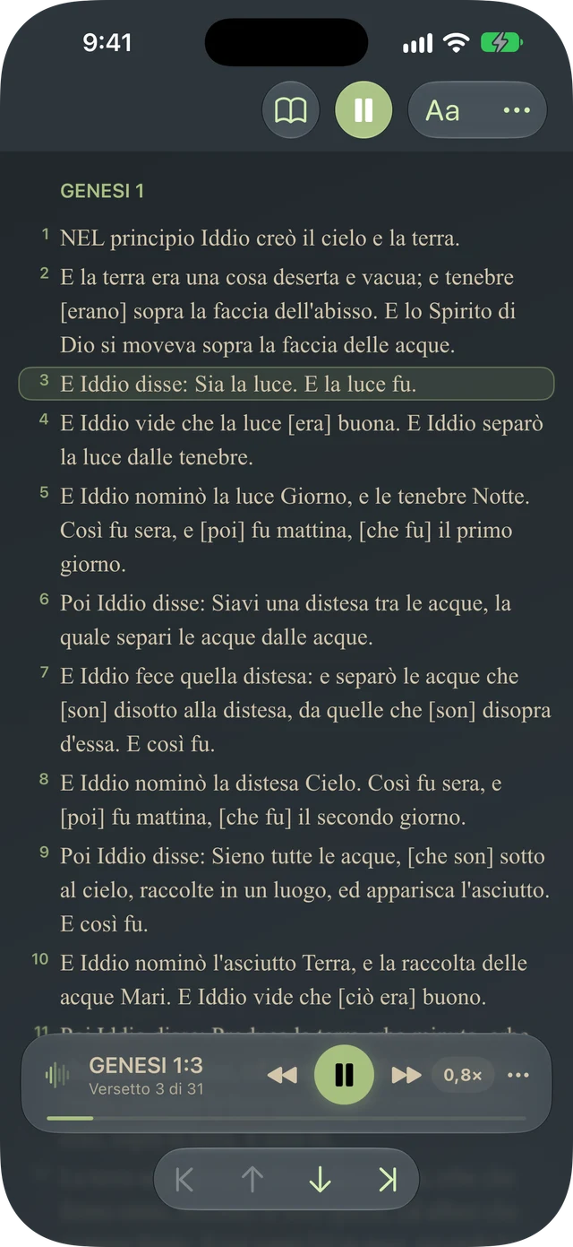 Tanakh Time che legge ad alta voce un passaggio con evidenziazione dei versetti e controlli di riproduzione